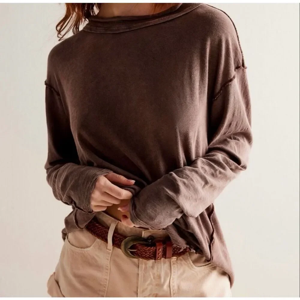 Free People We The Free Women’s Long Sleeve Regan Tee brown small NEW